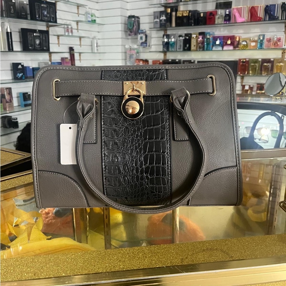 Elegant Gray Faux Leather Handbag